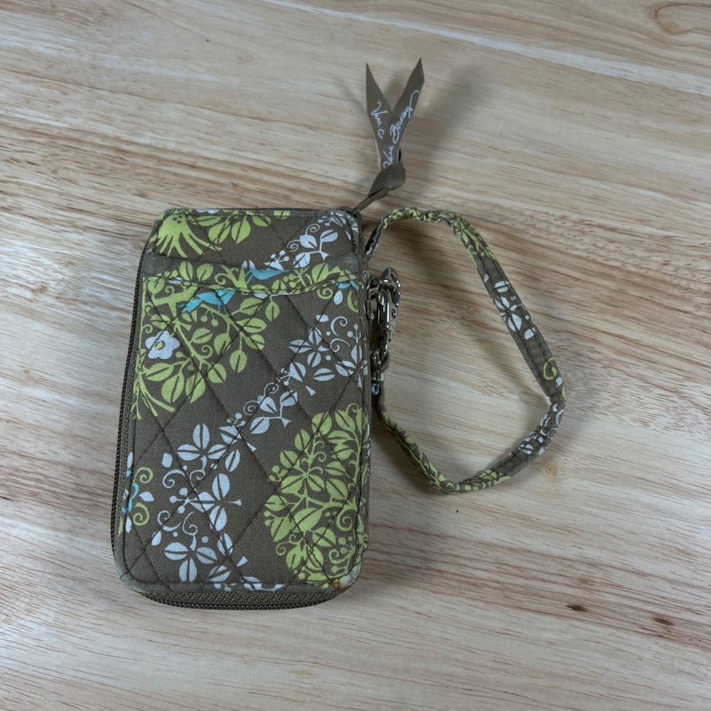 Vera Bradley Night and Day Quilted Cotton Bird Print Wristlet Wallet Brown Green